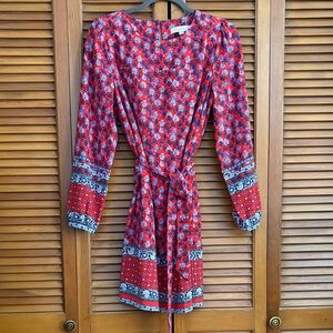 LOFT Red and Blue Patterned Long Sleeve Dress